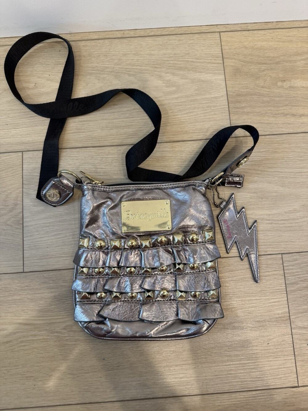 Betsey Johnson Betseyville Crossbody Purse Metallic Silver with Gold Studs